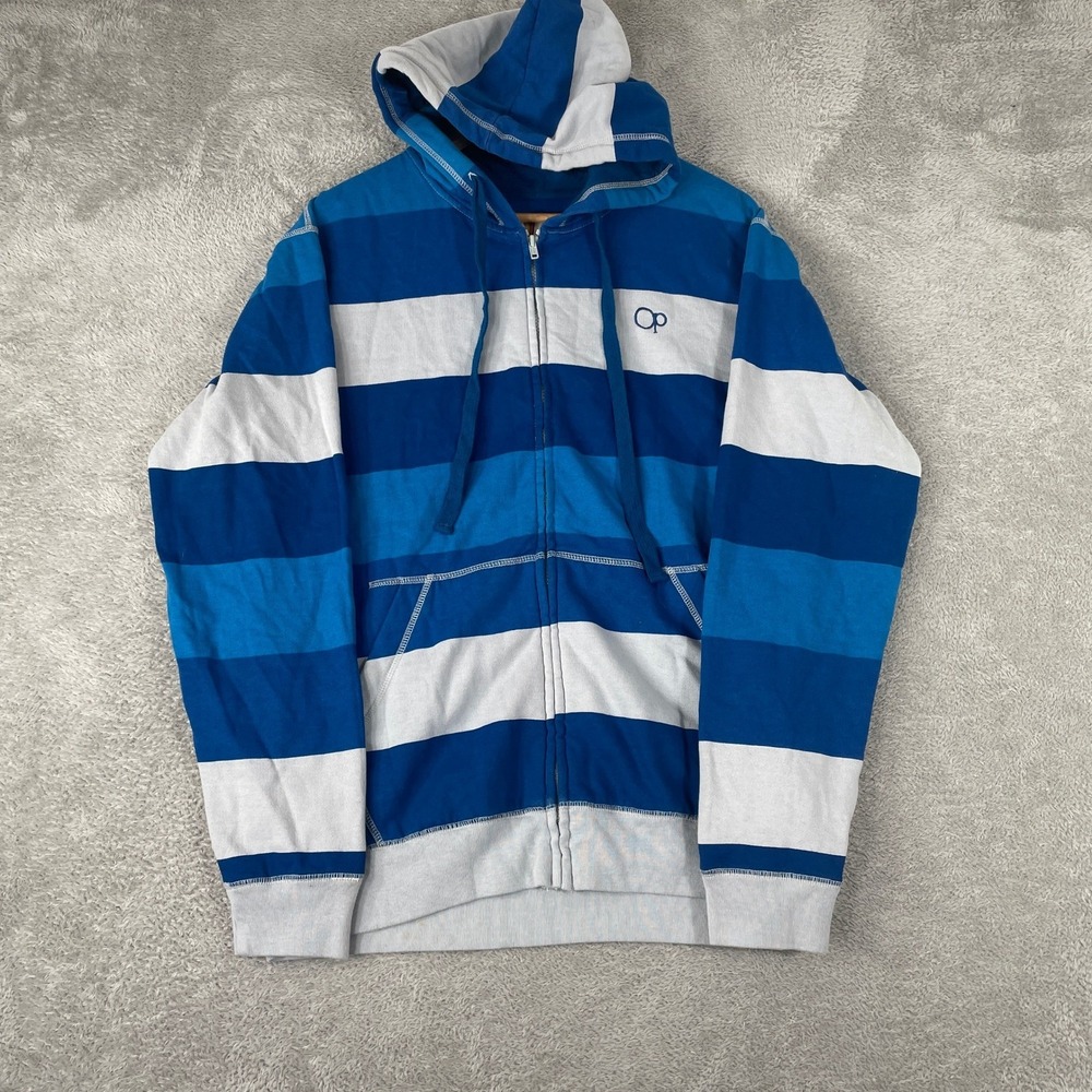 Ocean Pacific Hoodie Mens Medium Blue Striped Surf Skater Y2K Full Zip Hoodie - Picture 1 of 9